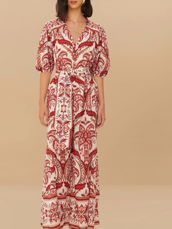 FARM Rio Dresses & Skirts - FARM Rio Red and Cream Printed Maxi Wrap Dress with Tie Belt